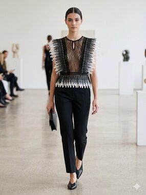 Beulah Black and White Lace-Trim Sheer Top
